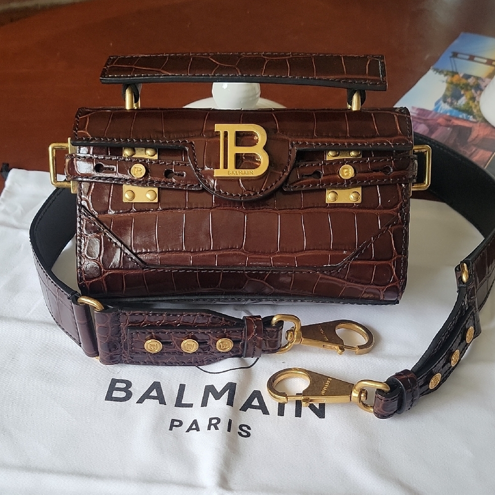 BALMAIN B-Buzz Croc-Embossed Leather Baguette Bag